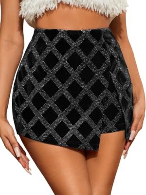 Women's Rhinestone Wrap Velvet Hign Waist Skorts Asymmetrical Hem Party Club Skirt Shorts
