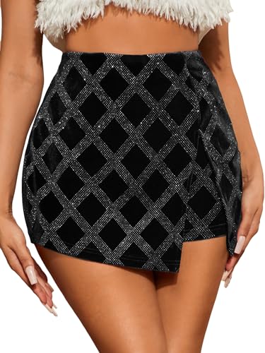 Women's Rhinestone Wrap Velvet Hign Waist Skorts Asymmetrical Hem Party Club Skirt Shorts