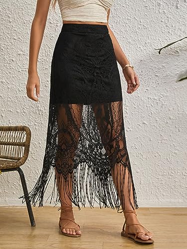 Women's Boho Solid Fringe Hem Lace See through High Waisted Casual Overlay Long Skirt
