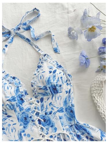 Women's Floral Layered Ruffle Halter Mini Dress Lace Up Tie Backless Deep V Neck A Line Dresses