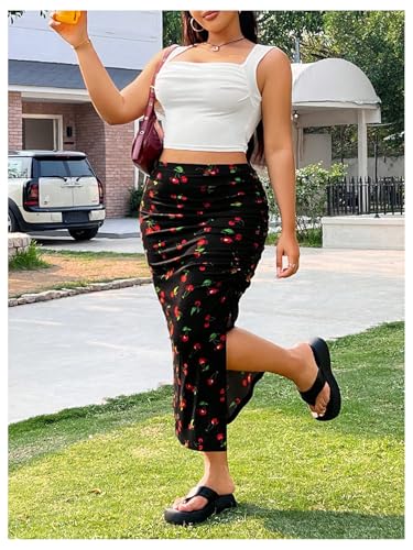 Women's Plus Size Checkered Ruched Midi Skirt High Waist Split Thigh Pencil Skirts