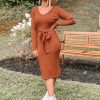 Womens 2025 Sweater Dress Long Sleeve Fall Midi Ribbed Knit Winter Belted Bodycon Dresses Work Clothes
