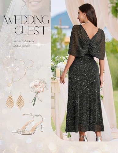 Women Sequin Formal Party Dress Cocktail Evening Gown Wedding Dresses with Shawl