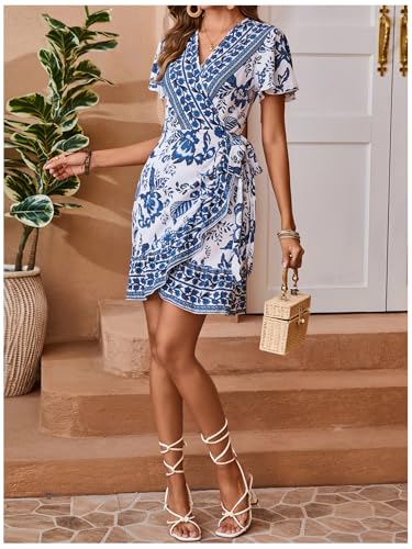 517AoCVBsLL.jpg Women's Summer Casual Boho Floral Print Short Sleeve Wrap V Neck Ruffle Hem A Line Dress