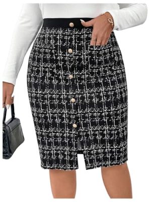 Women's Plus Size Plaid Skirt High Waisted Button Front Split Hem Knee Length Pencil Skirts