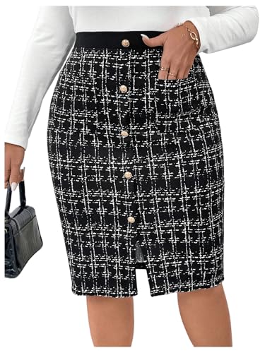 Women's Plus Size Plaid Skirt High Waisted Button Front Split Hem Knee Length Pencil Skirts