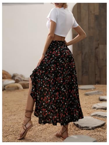 Women's Boho Floral Print Ruffle Maxi Skirt High Waisted Split Long Skirts