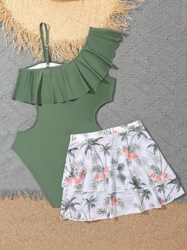 5191k2OM4wL.jpg Girl's 2 Piece Swimsuit Asymmetrical Ruffle One Piece with Tropical Print Cover Up Skirt