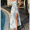 51ANFuaASaL.jpg Women's Floral Print Ruched Square Neck Maxi Dress Tie Back High Slit Flared Dresses