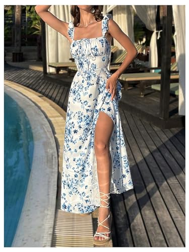 51ANFuaASaL.jpg Women's Floral Print Ruched Square Neck Maxi Dress Tie Back High Slit Flared Dresses