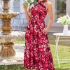 Womens 2025 Summer Vacation Outfits Halter Neck Floral Tiered Ruffled Flowy Casual Beach Boho Long Maxi Dress
