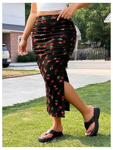 Women's Plus Size Checkered Ruched Midi Skirt High Waist Split Thigh Pencil Skirts