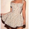 Women's Floral Print A Line Mini Dresses Bow Smocked Ruffle Hem Cami Dress