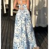 51CNx1-OxZL.jpg Women's Floral Print Ruched Square Neck Maxi Dress Tie Back High Slit Flared Dresses