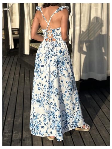 51CNx1-OxZL.jpg Women's Floral Print Ruched Square Neck Maxi Dress Tie Back High Slit Flared Dresses