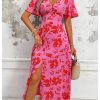 51CPqzj2hTL.jpg Women's Floral Print V Neck Ruffle Short Sleeve Dress Split A Line Long Dresses