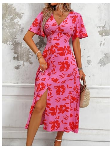 51CPqzj2hTL.jpg Women's Floral Print V Neck Ruffle Short Sleeve Dress Split A Line Long Dresses