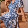 51CULJ2ikoL.jpg Women's Summer Casual Boho Floral Print Short Sleeve Wrap V Neck Ruffle Hem A Line Dress