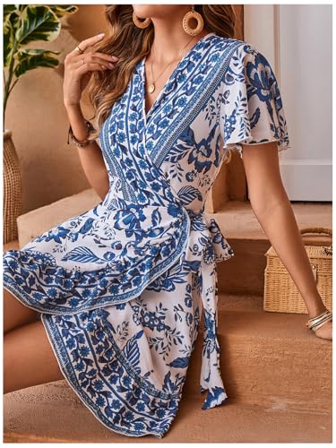 51CULJ2ikoL.jpg Women's Summer Casual Boho Floral Print Short Sleeve Wrap V Neck Ruffle Hem A Line Dress