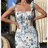 51CczXyxjL.jpg Women's Floral Print Ruched Square Neck Maxi Dress Tie Back High Slit Flared Dresses