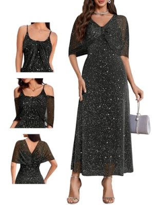 Women Sequin Formal Party Dress Cocktail Evening Gown Wedding Dresses with Shawl