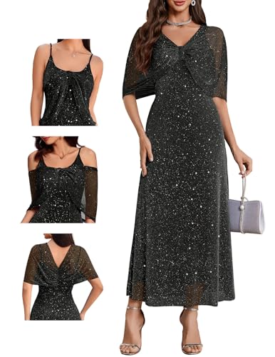 Women Sequin Formal Party Dress Cocktail Evening Gown Wedding Dresses with Shawl