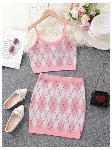 Girl's 2 Piece Outfits Argyle Pattern Sleeveless Sweater Vest and Bodycon Skirt Set