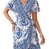 51E1i3Tkj7L.jpg Women's Summer Casual Boho Floral Print Short Sleeve Wrap V Neck Ruffle Hem A Line Dress