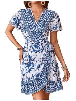 Women's Summer Casual Boho Floral Print Short Sleeve Wrap V Neck Ruffle Hem A Line Dress