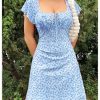 Women's Vintage Floral Print Mini Dress Cap Sleeve Square Neck Short Dresses