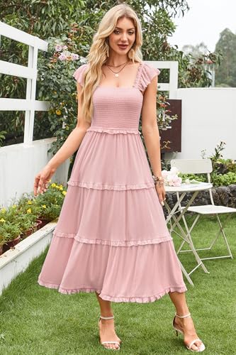 Women's 2025 Summer Wedding Guest Dress Ruffle Sleeve Smocked Square Neck Long Flowy Tiered Maxi Sundress
