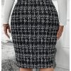 Women's Plus Size Plaid Skirt High Waisted Button Front Split Hem Knee Length Pencil Skirts