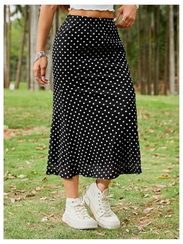 51FAVB4vEL.jpg Women's Polka Dots Fishtail Midi Skirt Elastic Waist Ruffle Hem Mesh Bodycon Skirt