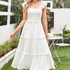 Women's 2025 Summer Wedding Guest Dress Ruffle Sleeve Smocked Square Neck Long Flowy Tiered Maxi Sundress