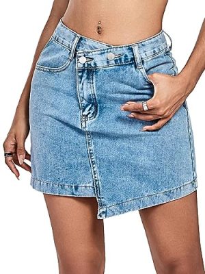 Women's Raw Trim Bodycon Denim Skirt Asymmetrical High Waisted Ripped Mini Jean Skirt with Pocket