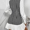 Women's Houndstooth Print Long Puff Sleeve Collared Pleated Button Front Mini Dress