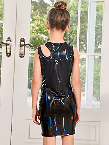 Girl's Cut Out Round Neck Sleeveless PU Leather Bodycon Tank Dress