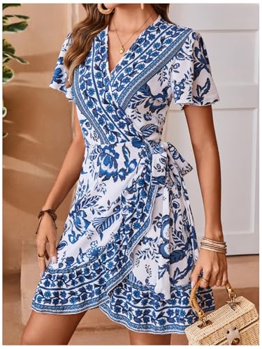51HD7e0F6L.jpg Women's Summer Casual Boho Floral Print Short Sleeve Wrap V Neck Ruffle Hem A Line Dress