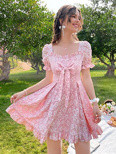 Women's Floral Print Square Neck Bow Front Puff Short Sleeve Ruffle Hem A Line Dress