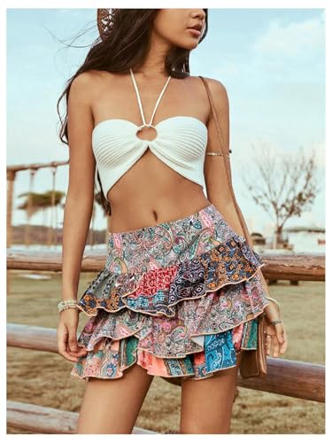 Women's Paisley Print Tiered Layers Mini Cake Skirt Low Rise Vacation Bohemian Skirt