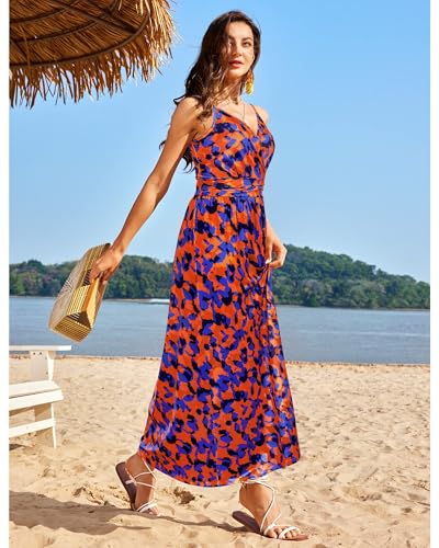 Women Summer 2025 Maxi Dress Vacation Floral Spaghetti Strap Spring Casual Boho Split Beach Long Flowy Sundress