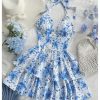 Women's Floral Layered Ruffle Halter Mini Dress Lace Up Tie Backless Deep V Neck A Line Dresses