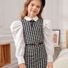 Girl's Houndstooth Long Puff Sleeve Fitted Mini Dress Vintage Cute Dress