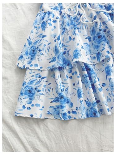 Women's Floral Layered Ruffle Halter Mini Dress Lace Up Tie Backless Deep V Neck A Line Dresses
