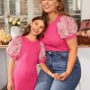Girl's Ribbed Mesh Short Puff Sleeve Cute Birthday Party Pencil Mini Dress