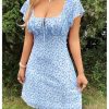 Women's Vintage Floral Print Mini Dress Cap Sleeve Square Neck Short Dresses