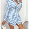 Women's Striped Button Down Drawstring Side Dress Long Sleeve Collared Smocked Shirt Dresses