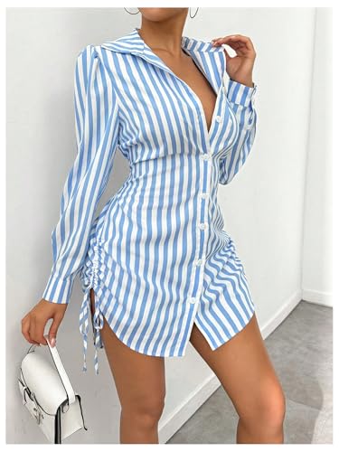 Women's Striped Button Down Drawstring Side Dress Long Sleeve Collared Smocked Shirt Dresses