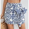 Women's Allover Print Knot Side High Waist Wrap Skirt Zipper Back Boho Mini Skirt