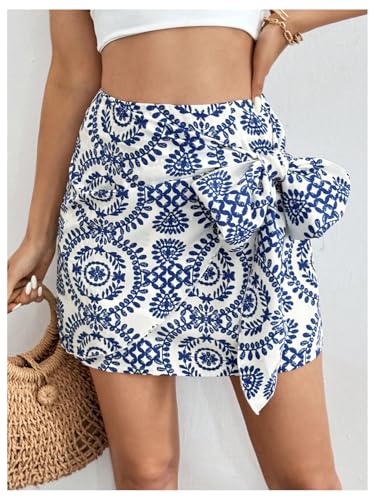 Women's Allover Print Knot Side High Waist Wrap Skirt Zipper Back Boho Mini Skirt